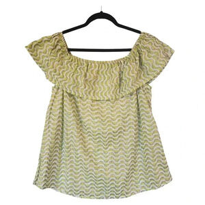 New Oliphant 100% Cotton Blouse Size Large Green Gold Off Shoulder Ruffled